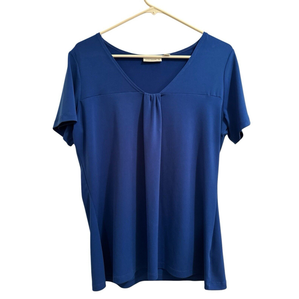 Susan Graver V-Neck Career Blouse Womens Size Small Royal Blue Short Cap Sleeves
